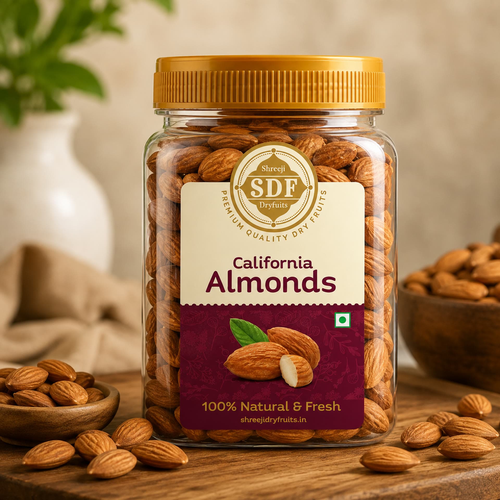 Almonds spilling from a jar on a warm wooden table