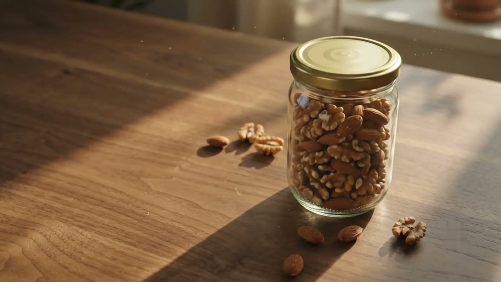 A sealed glass jar of mixed kernels in evening light