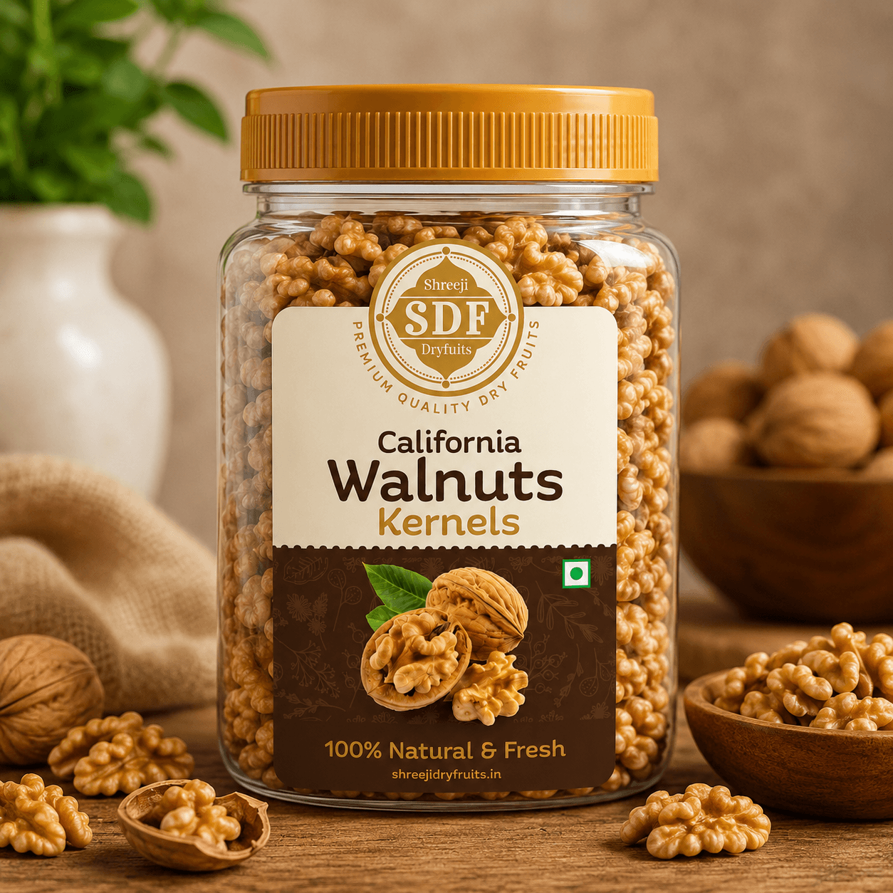 Walnut jars arranged on a warm wooden table